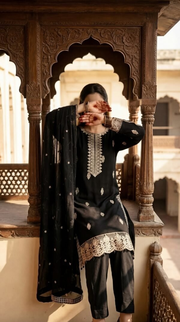 Embroidered Formal Daily Wear 3 Piece Black