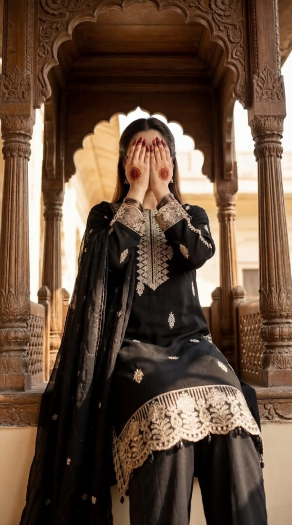 Embroidered Formal Daily Wear 3 Piece Black
