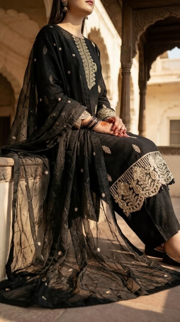 Embroidered Formal Daily Wear 3 Piece Black