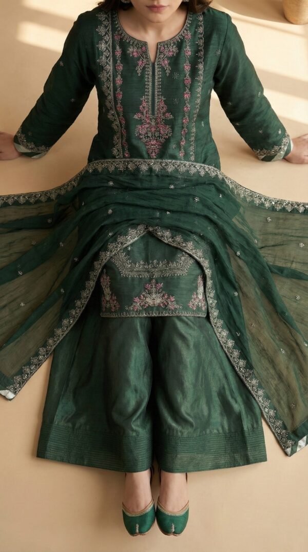 Luxury Embroidered 3-Piece – Emerald Green