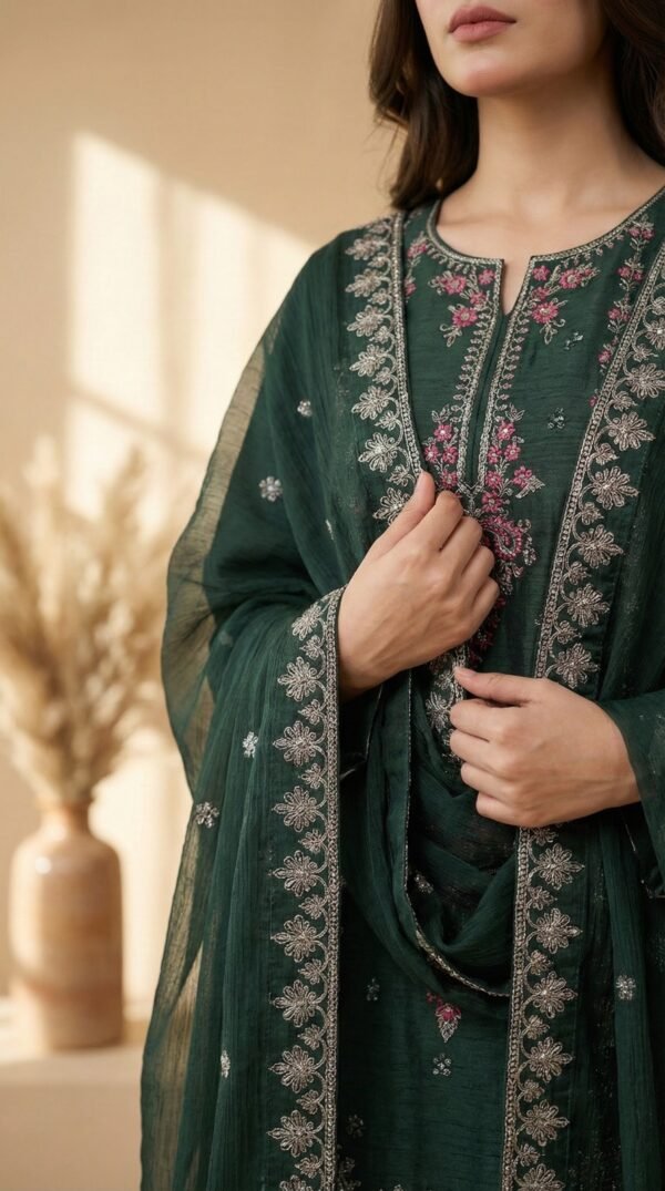 Luxury Embroidered 3-Piece – Emerald Green